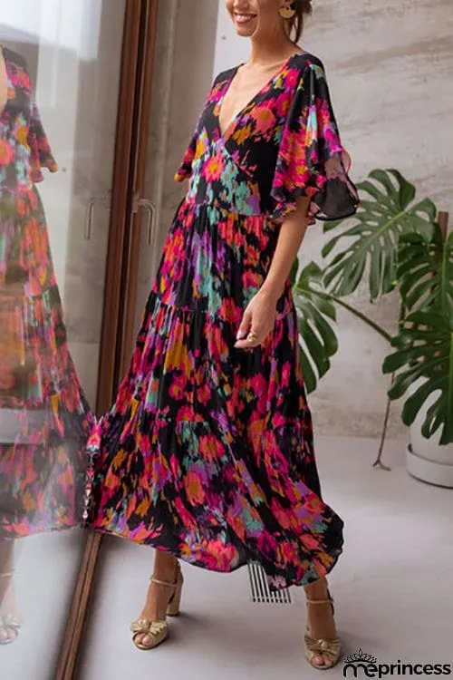 V Neck Floral Bat Maxi Dress