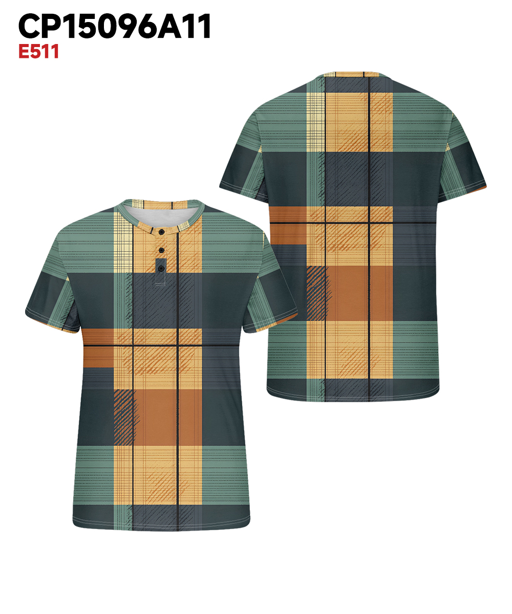 Big & Tall Men's Green And Yellow Geometric Plaid Printed Henry Collar Button Short Sleeve T-Shirt