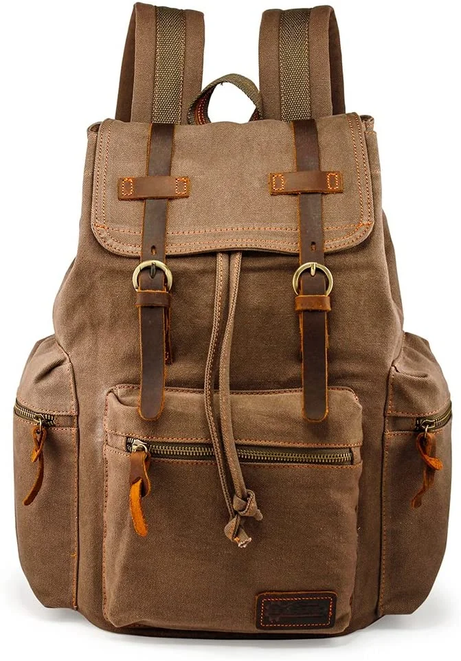 Vintage Canvas Backpack for Men Leather Rucksack Knapsack 15 inch Laptop Tote Satchel School Military Army Shoulder Rucksack Hiking Bag