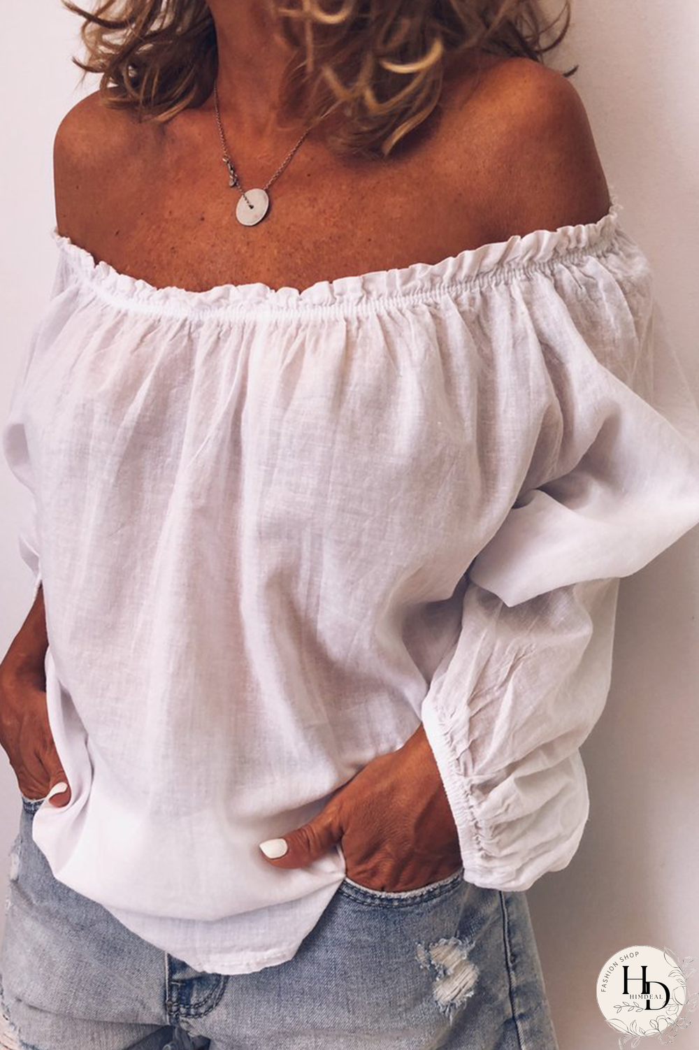 Casual Solid Stringy Selvedge Off the Shoulder Tops(3 Colors)