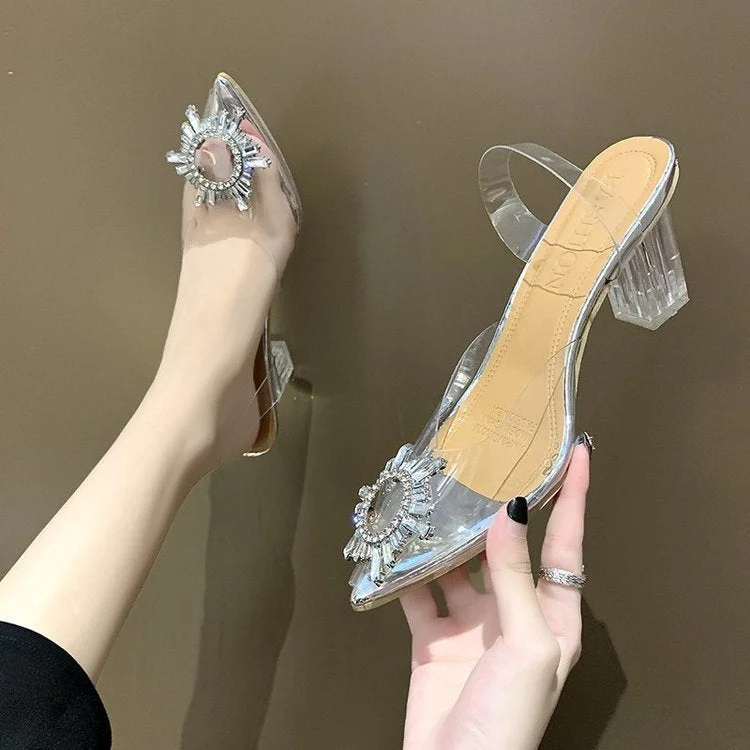 2021 Summer New Rhinestone Transparent Crystal Shoes Low Heel Pointed Toe Baotou Sandals Women's Shoes Large size 34-43