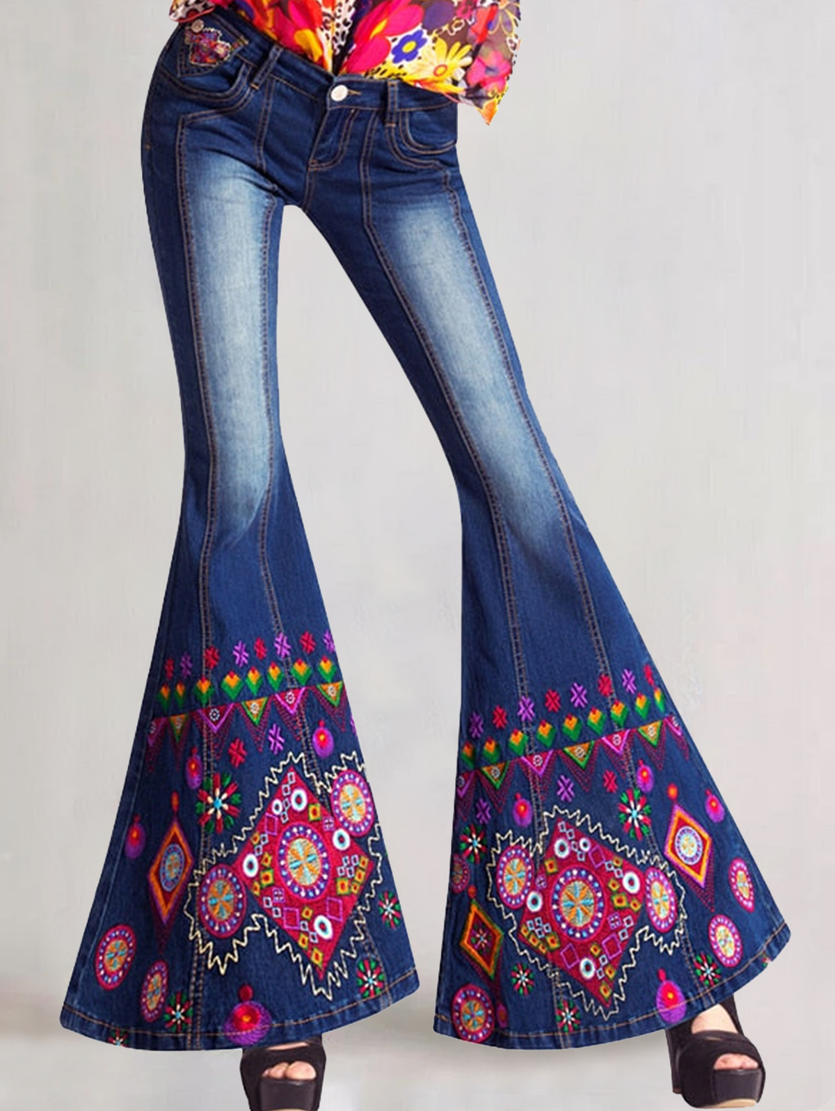 Vintage Ethnic Washed Denim Skinny Flare Leg Jeans