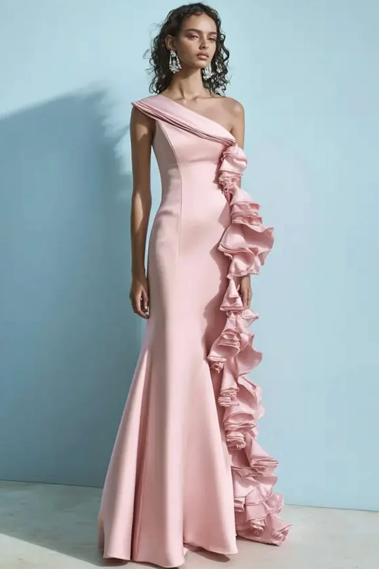 One Shoulder Ruffle Tiered Maxi Dress-Pink [Custom-Made]