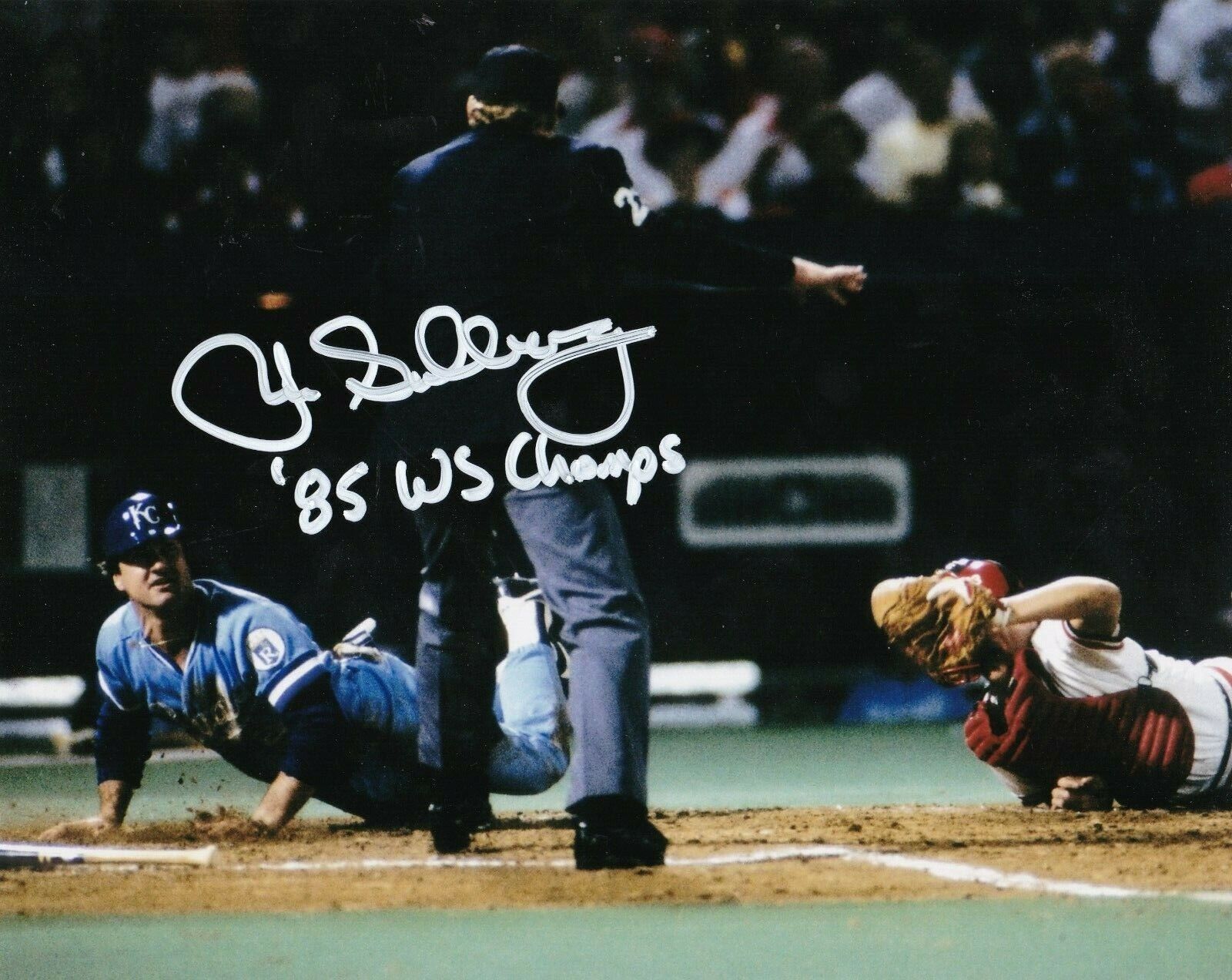 JIM SUNDBERG KANSAS CITY ROYALS 1985 WS CHAMPS ACTION SIGNED 8x10