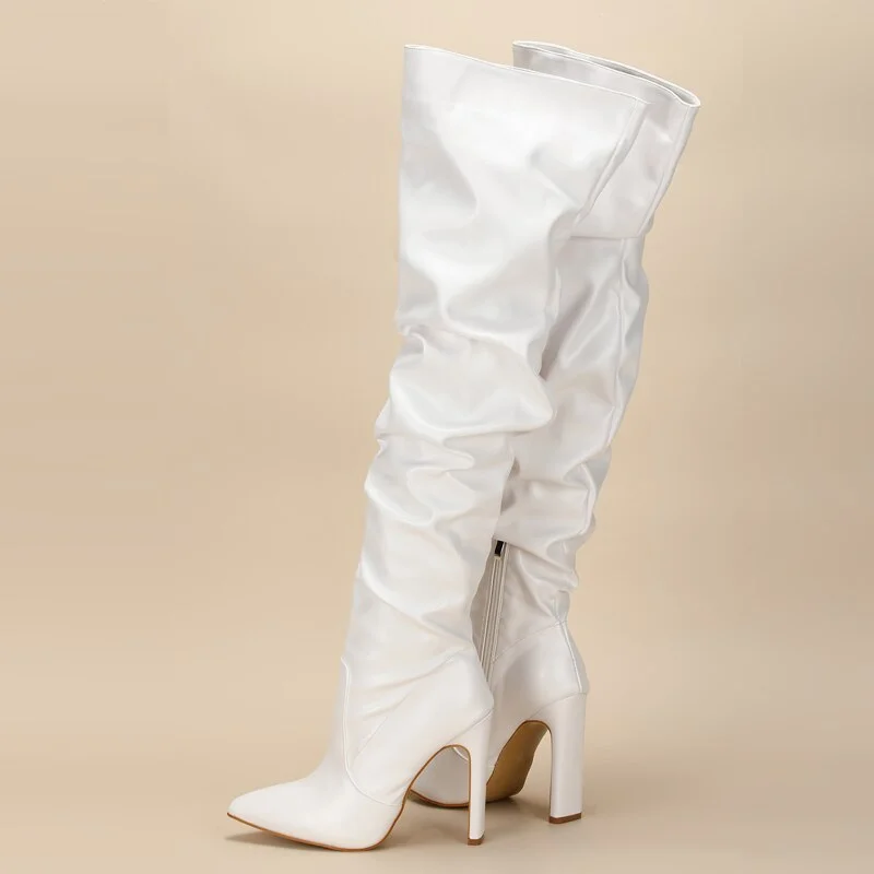 Eilyken White Pleated Thigh High Boots Fashion Pointed Toe Zip Female Stiletto Square Heels Pleated Design Women's Shoes