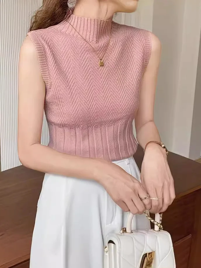Uveng Uveng Vest Women In The 2024 New Spring And Summer High-Necked Knitted Shirt With Suit Sleeveless Top