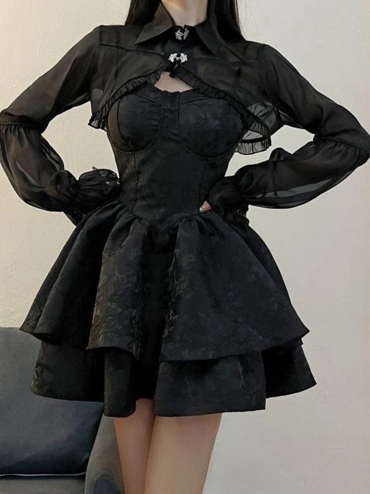 Aiertu DRESS TO IMPRESS Summer Black Gothic Lolita Short Party Suits Women Long Sleeve Coat + Pure Color Mini Dress Fashion High Waist Outfits Chic Aiertu