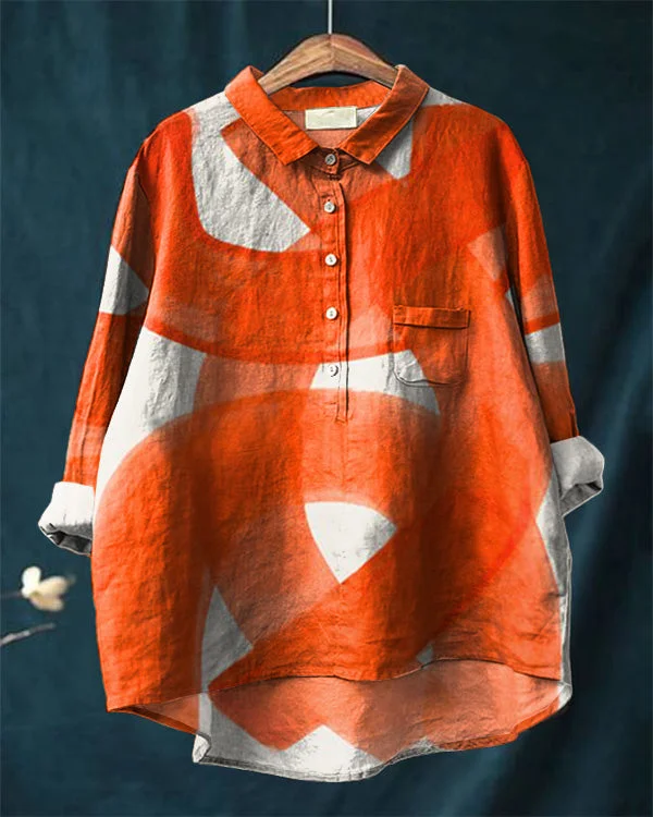 Vintage Orange Abstract Art Print Cotton and Linen Casual Shirt