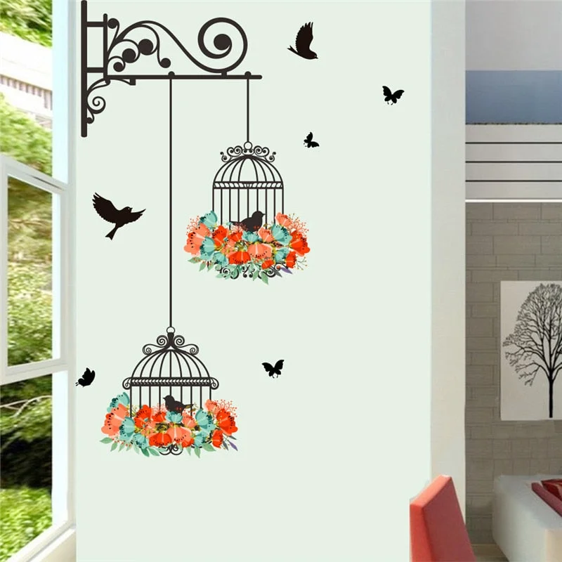 Creative Birds Cage Flowers Wall Stickers Living-room Bedroom Decor Mural Art Diy Home Decals Posters Peel And Stick