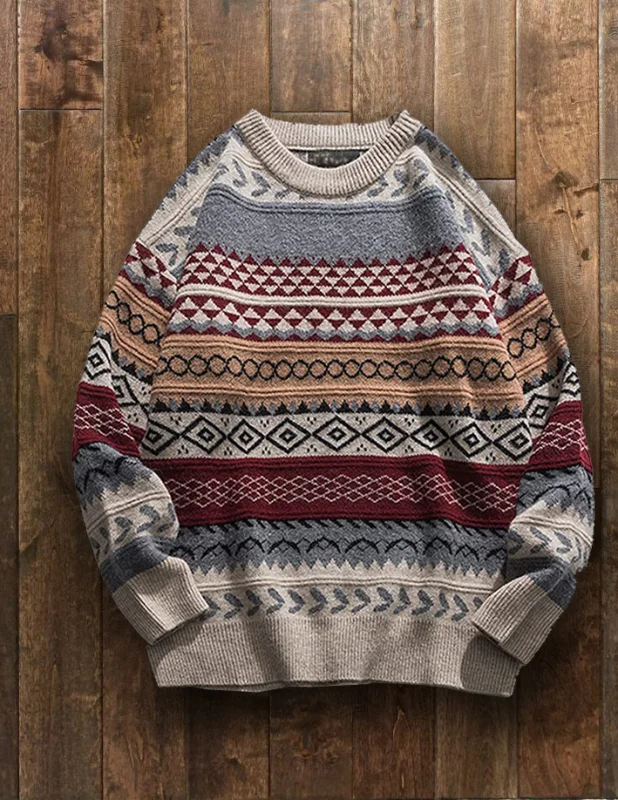 Men's Round Neck Pullover Sweater Loose Vintage Knit Top