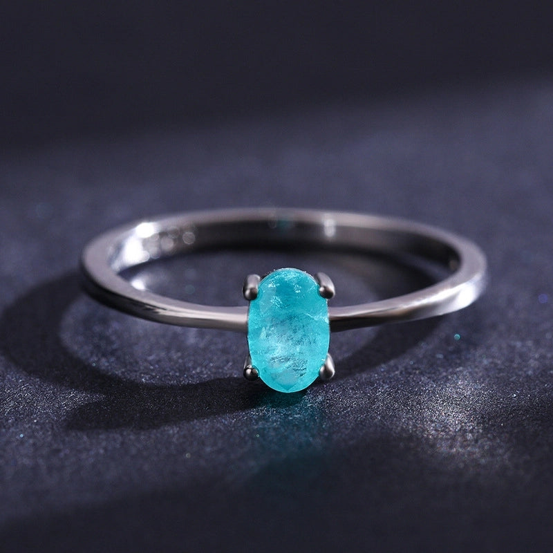 Simple S925 Sterling Silver Egg-shaped Imitation Paraiba Tourmaline Ring Female