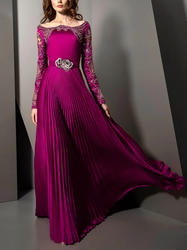 Sequin Long Sleeve Pleated Solid Maxi Dress
