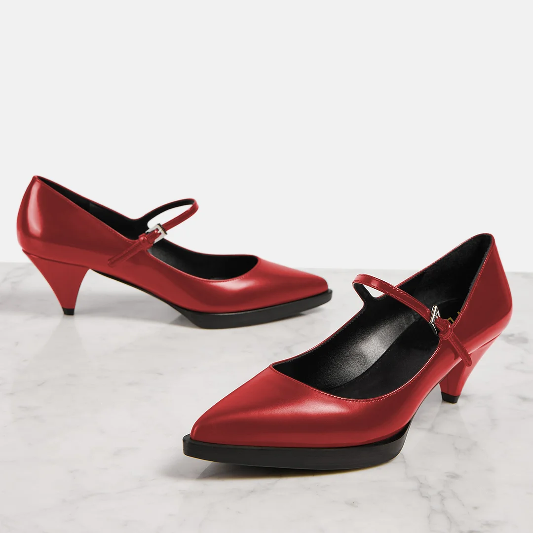 Women's Shiny Vegan Leather Pointed Buckle Strappy Sexy Pumps in Red