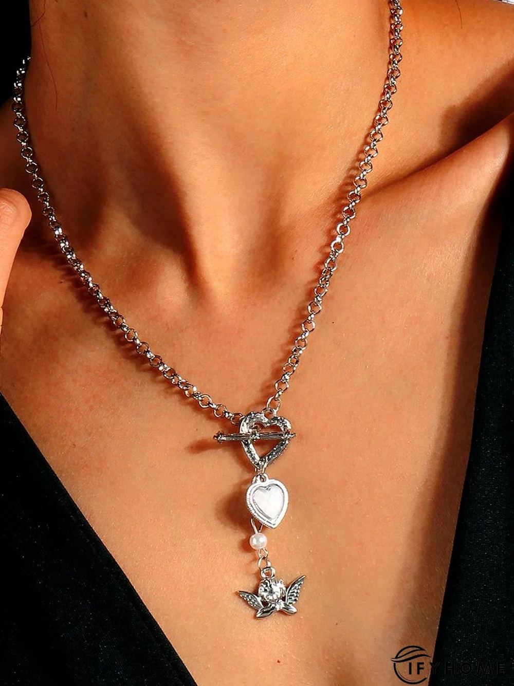 Casual Vintage Silver Heart Chain Necklace Ethnic Vintage Angel Pattern Jewelry | IFYHOME