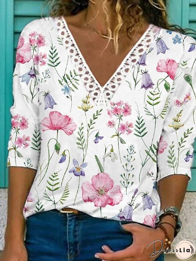 Lace V-Neck Casual Floral Loose T-Shirt for Women