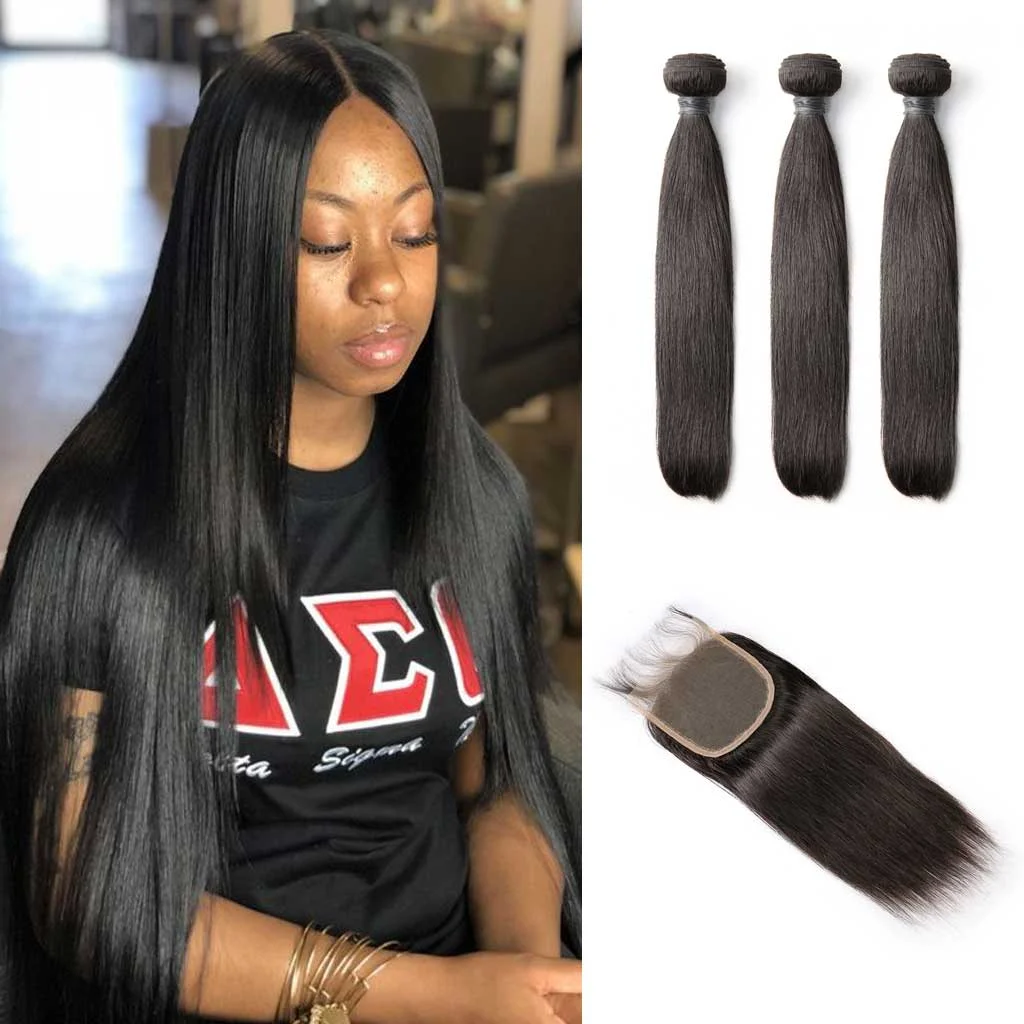 12A 3PCS 4X4 HD Lace Closure Straight Bundles with 4x4 Transparent Lace Closure 