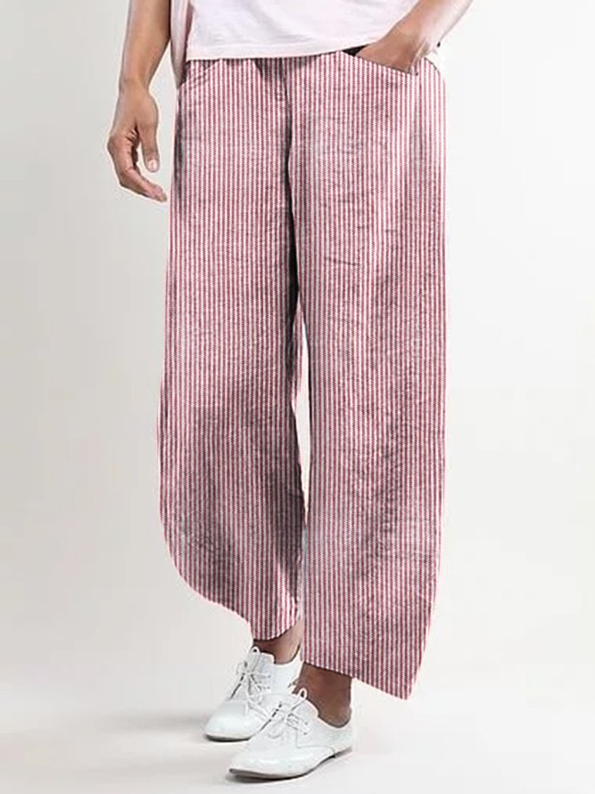 Plus Size Striped Pants Pockets Shift Casual Capri Pants