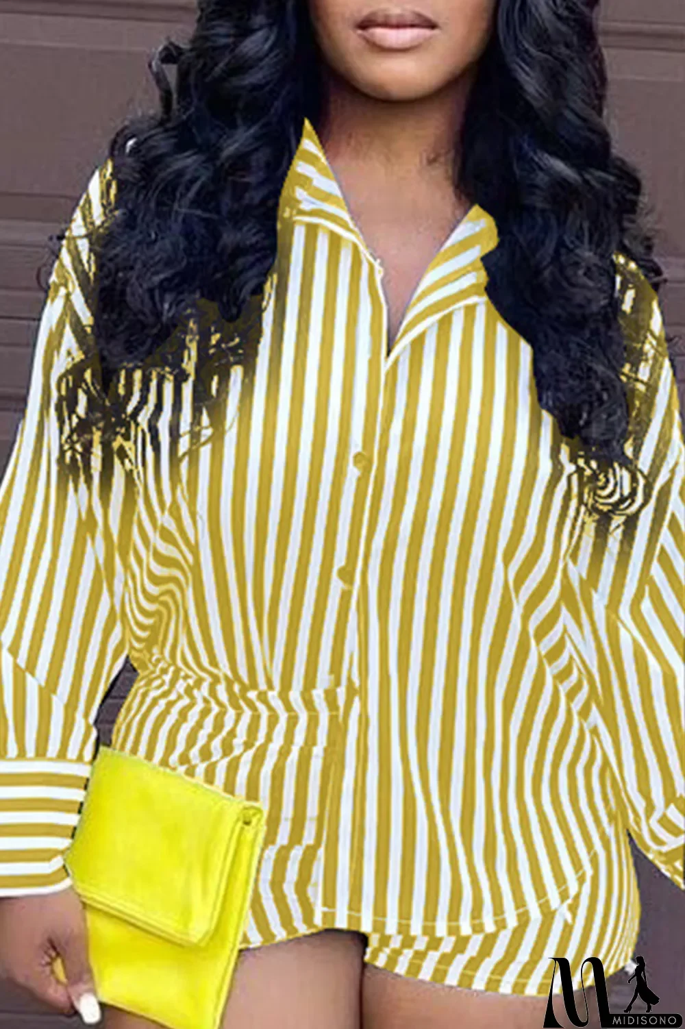 MidiSono - Yellow Casual Striped Split Joint Turndown Collar Long Sleeve Two Pieces