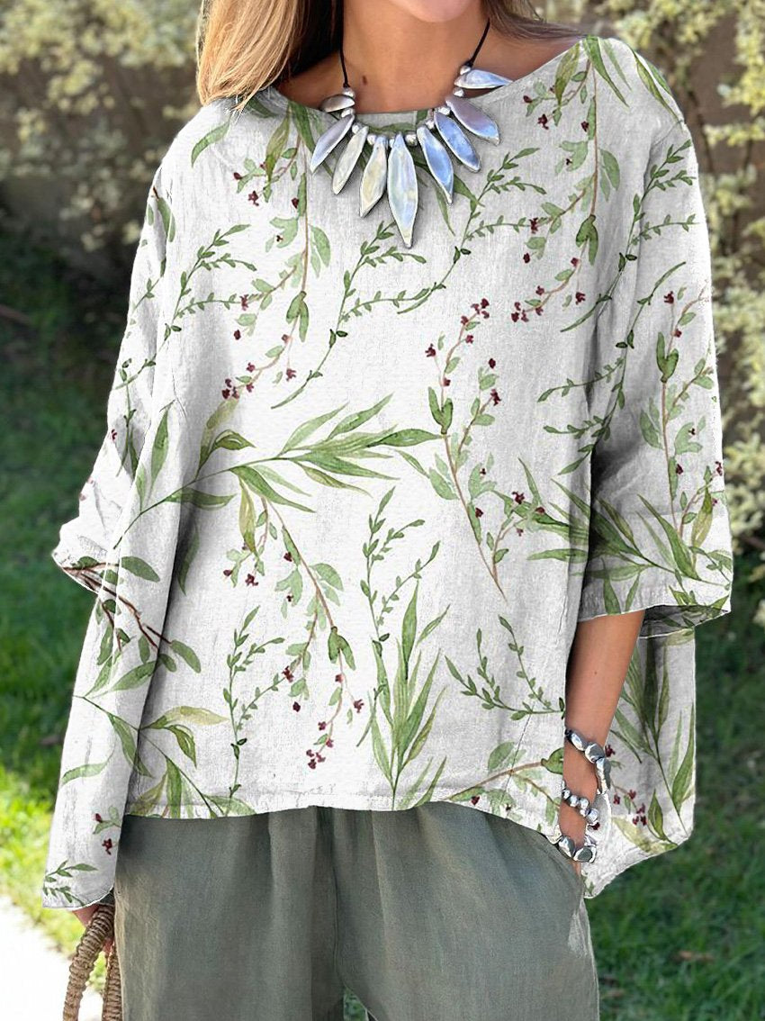 Watercolor Spring Tree Bough Repeat Pattern Printed Women's Casual Cotton And Linen Shirt