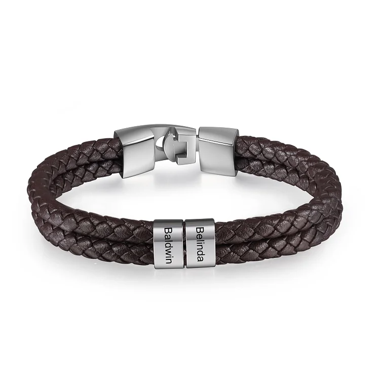Brown Personalized Double Layered Braided Leather Bracelet Engraved 2 Names Mens Bracelet for Him