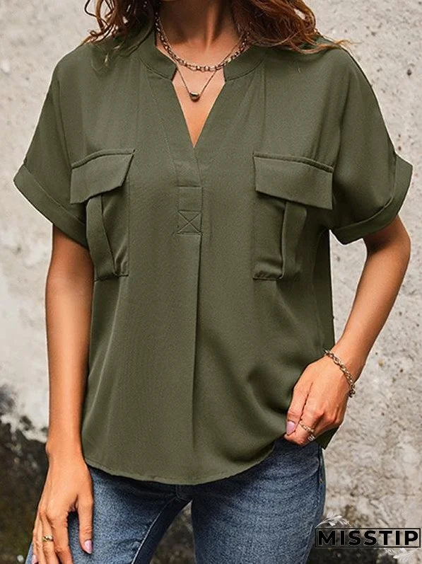 Solid Color V-neck Pocket Short-sleeved Shirt 22982116