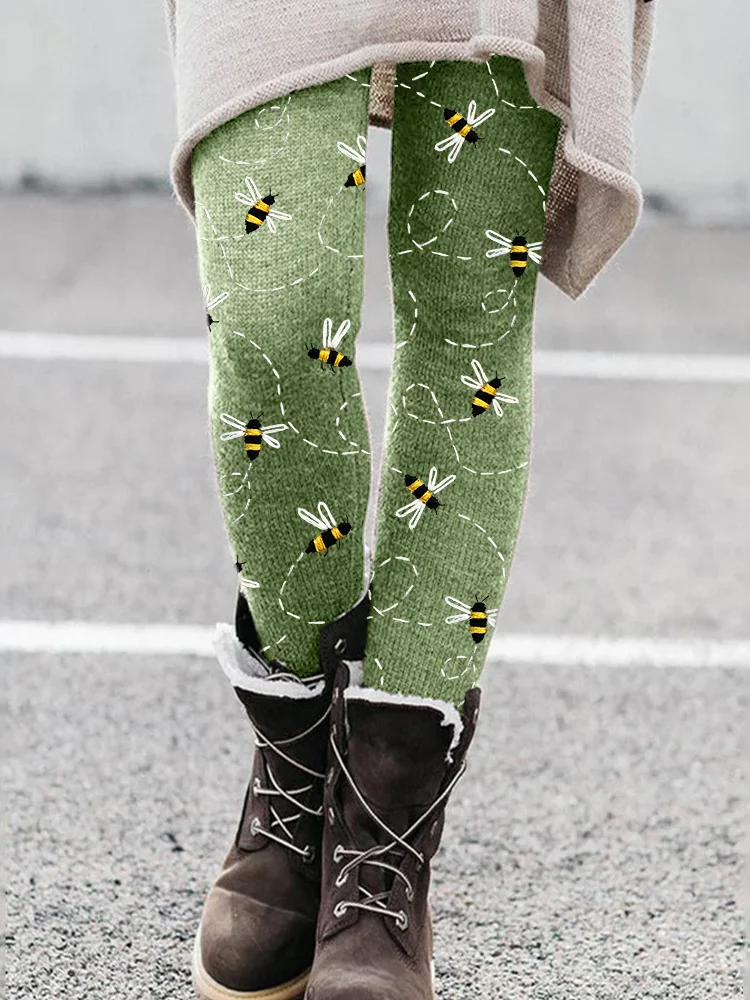 VChics Flying Bees Embroidery Pattern Cozy Leggings