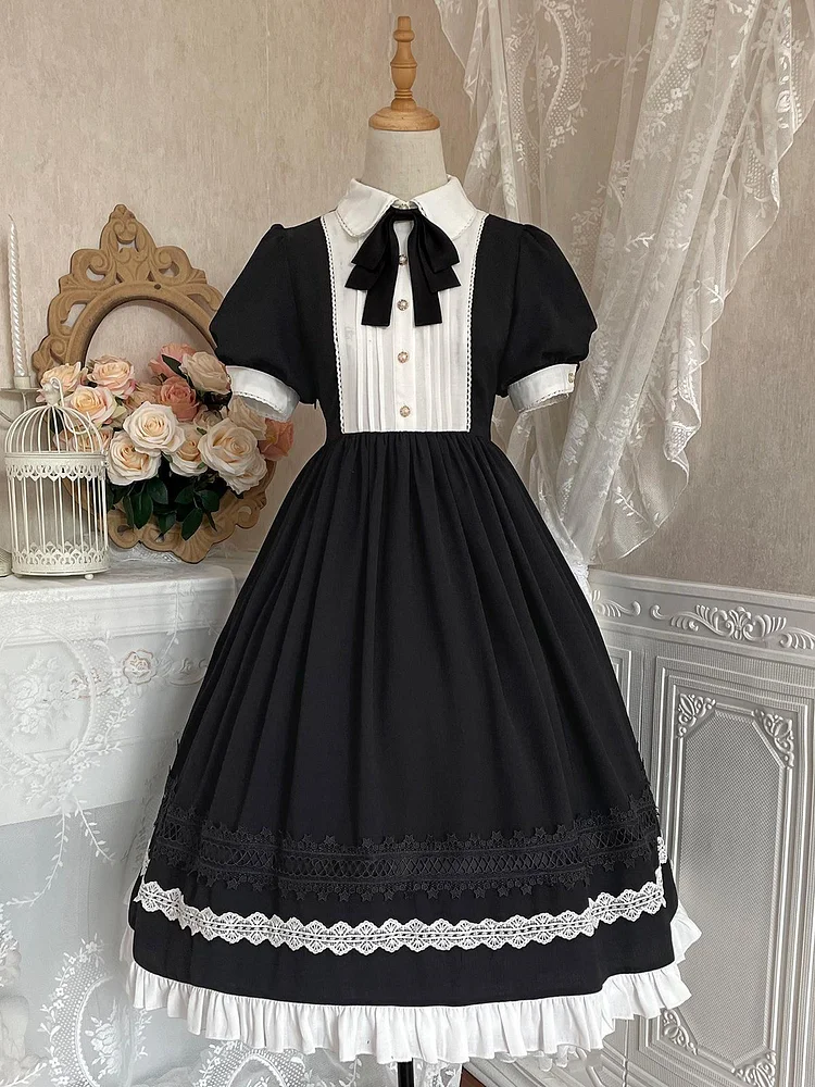 Sweet Lolita Color-block Ruffled Bubble Sleeve POLO Collar Maid Dress