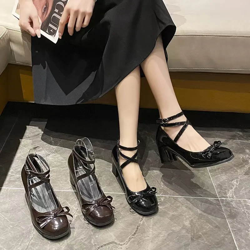 Breakj Breakj New Spring And Autumn Cross-Tie Mary Jane Small Leather Shoes British Wind High Bow Bow Girl Student Single Shoes