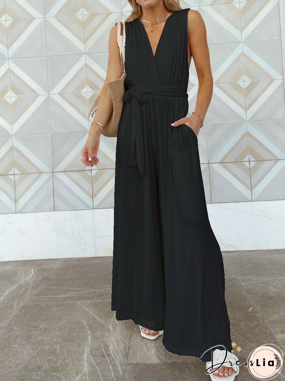 Women'S Jumpsuits Loose Lace Up Open Back Pocket Jumpsuit