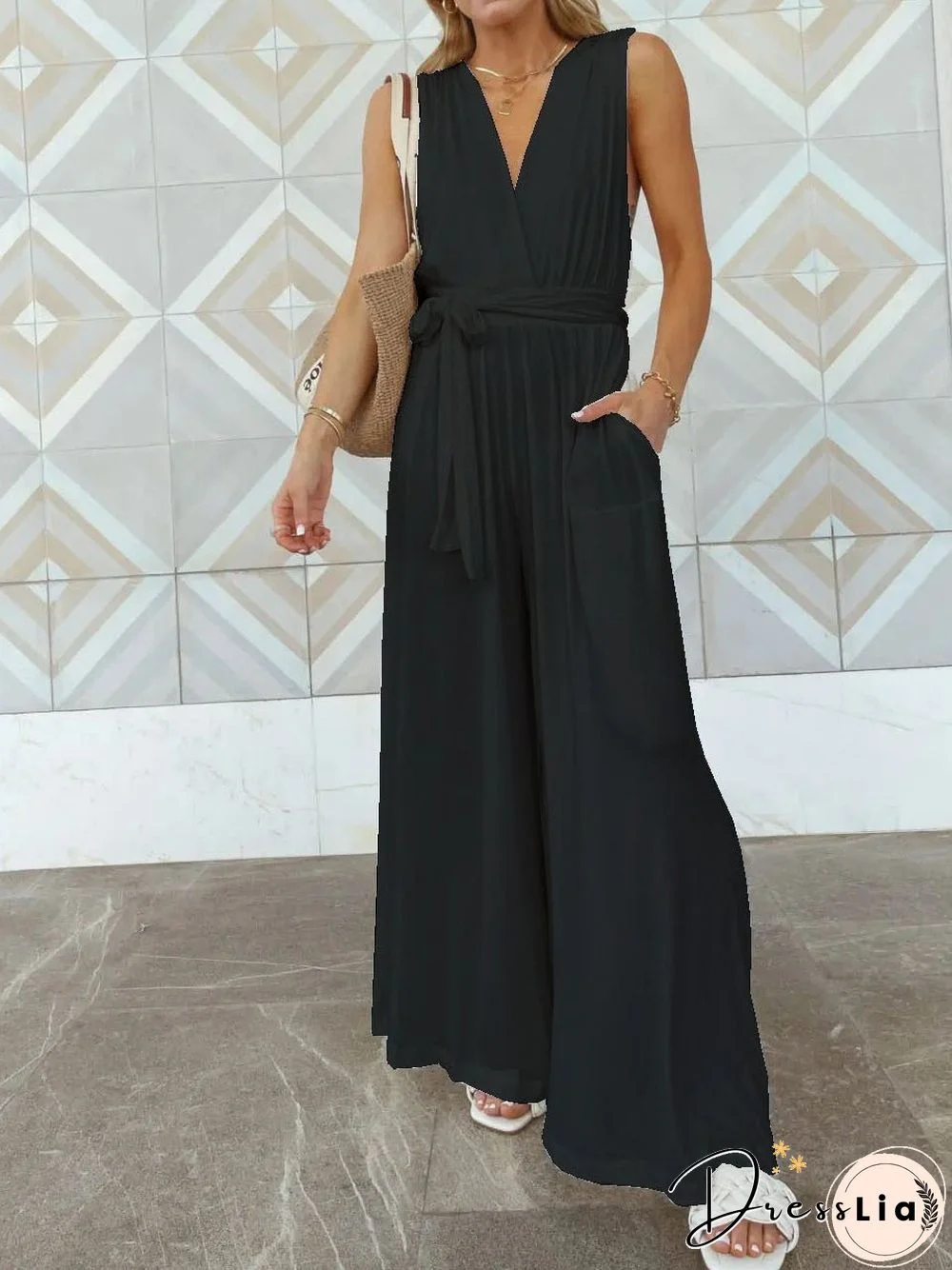 Women'S Jumpsuits Loose Lace Up Open Back Pocket Jumpsuit