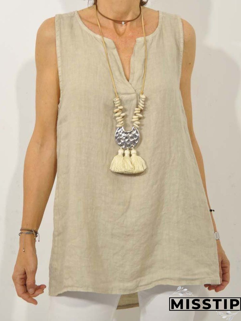 Plus Size Casual Sleeveless V Neck Solid Tops