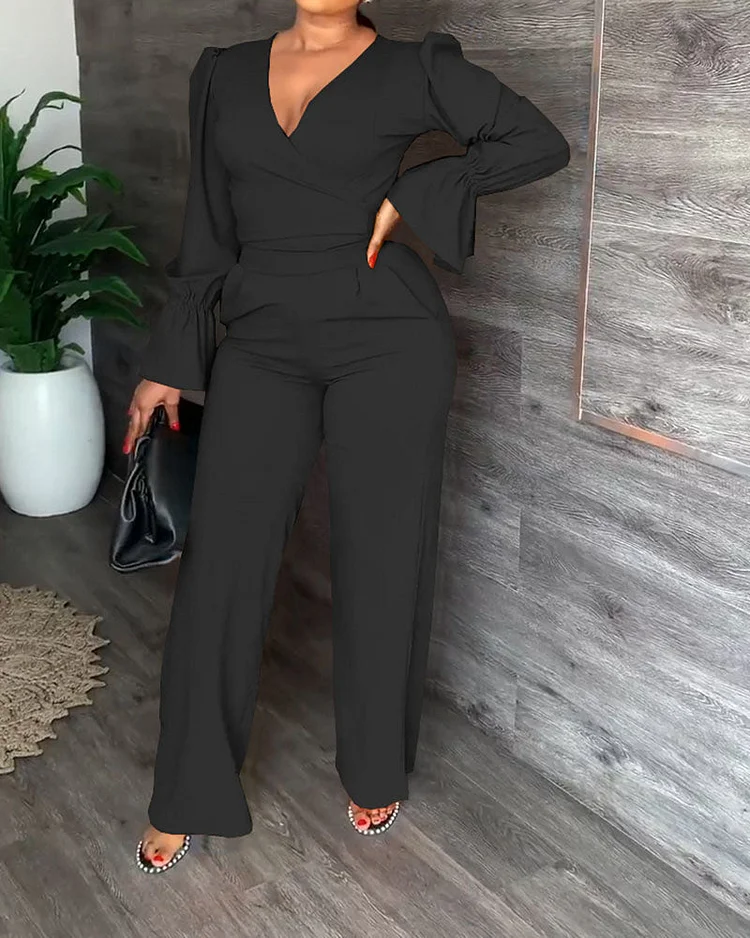 V-neck Flared Sleeve Trousers Two-piece Suit