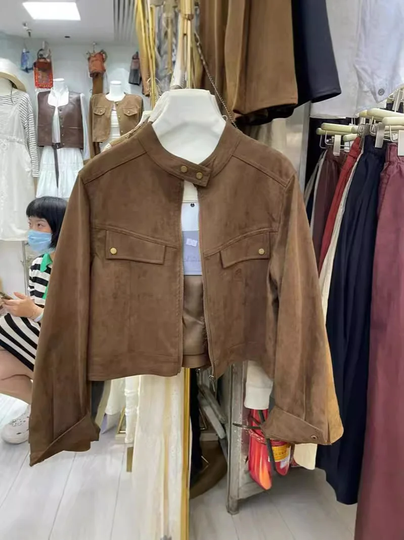 Woherb Retro Standing Collar Leather Velvet Early Autumn Coat Female Short Style Fashion Loose Casual Motorcycle Suit Small Jacket Jacket-Outfit Ideas