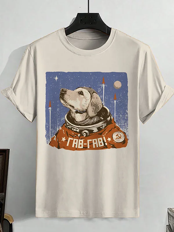 100% Cotton Men's Astronaut Dog Graphic Print Cotton Casual T-Shirt