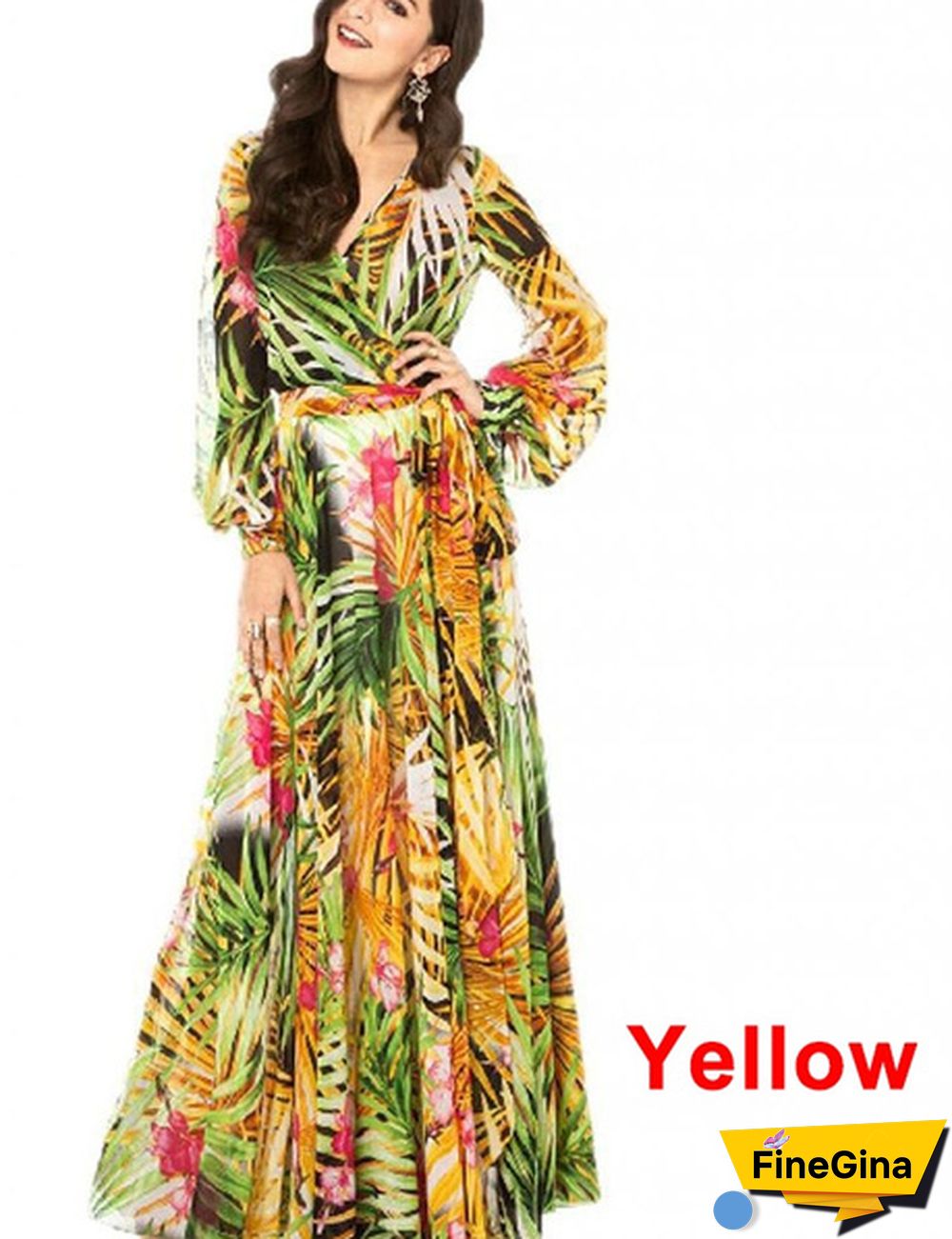 Green Purple Tropical Beach Vintage Maxi Dresses Long Sleeve Dress Boho Casual V Neck Belt Lace Up Tunic Plus Size Dress