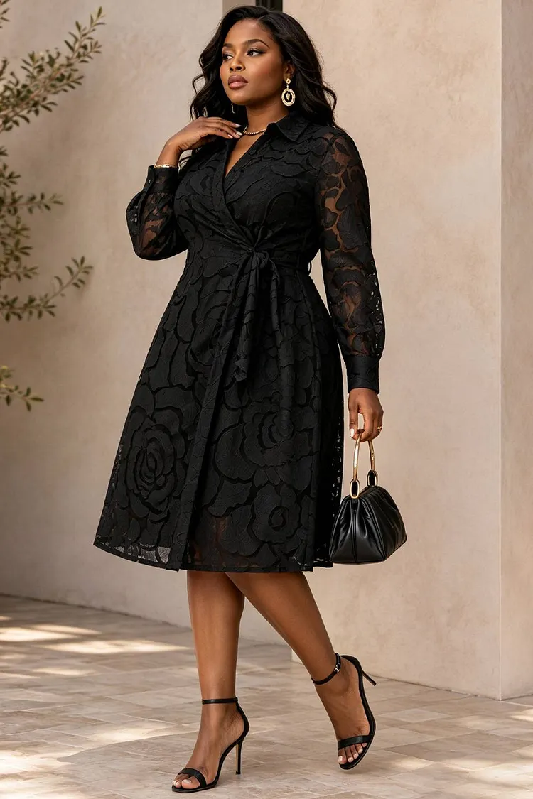 Xpluswear Design Plus Size Business Casual Black Wrap Neck Long Sleeve Wrap Midi Dresses [Pre-Order]