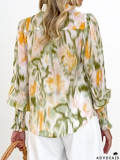 Printed Lantern Sleeve Button Up Shirt