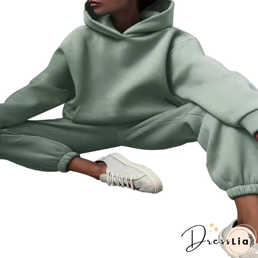 Women Hoodies Two Piece Set Long Sleeve Solid Casual Pocket Sweater Suit Spring Elastic Sport Pants Female Tracksuit