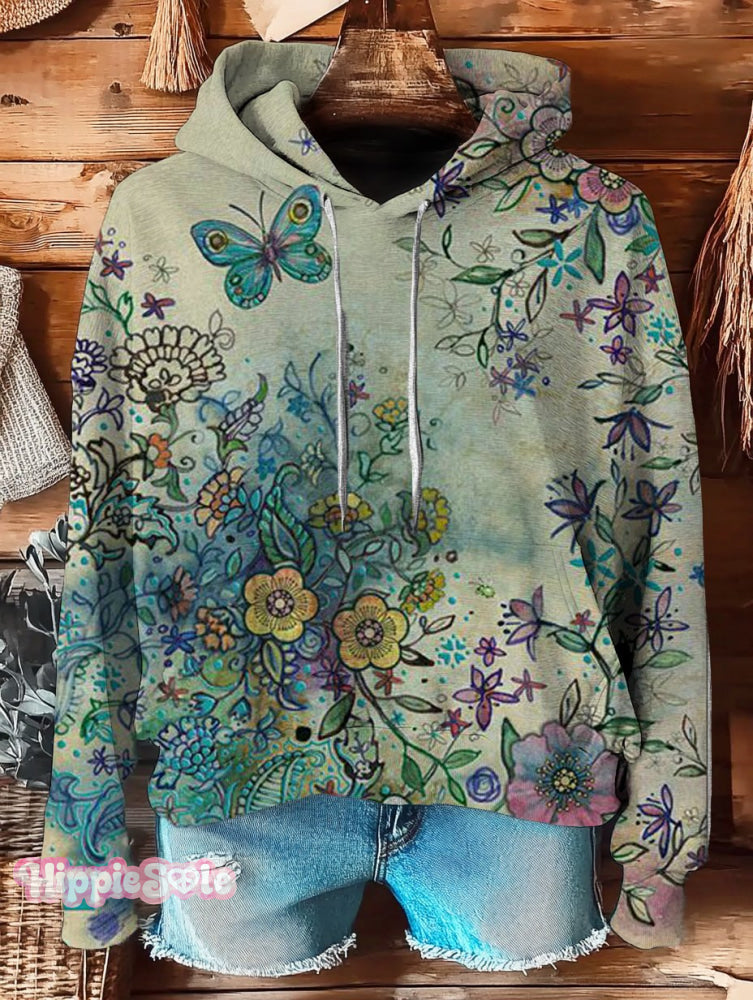 Floral Butterfly Tie-Dye Art Print Casual Hoodie Multicolor / S