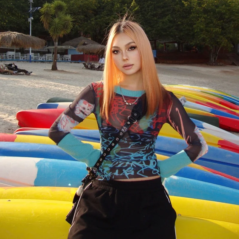 Nigikala Spring 2024 New Round-Neck Collar Long-Sleeved Mesh Printing Casual Women's Top T-Shirt