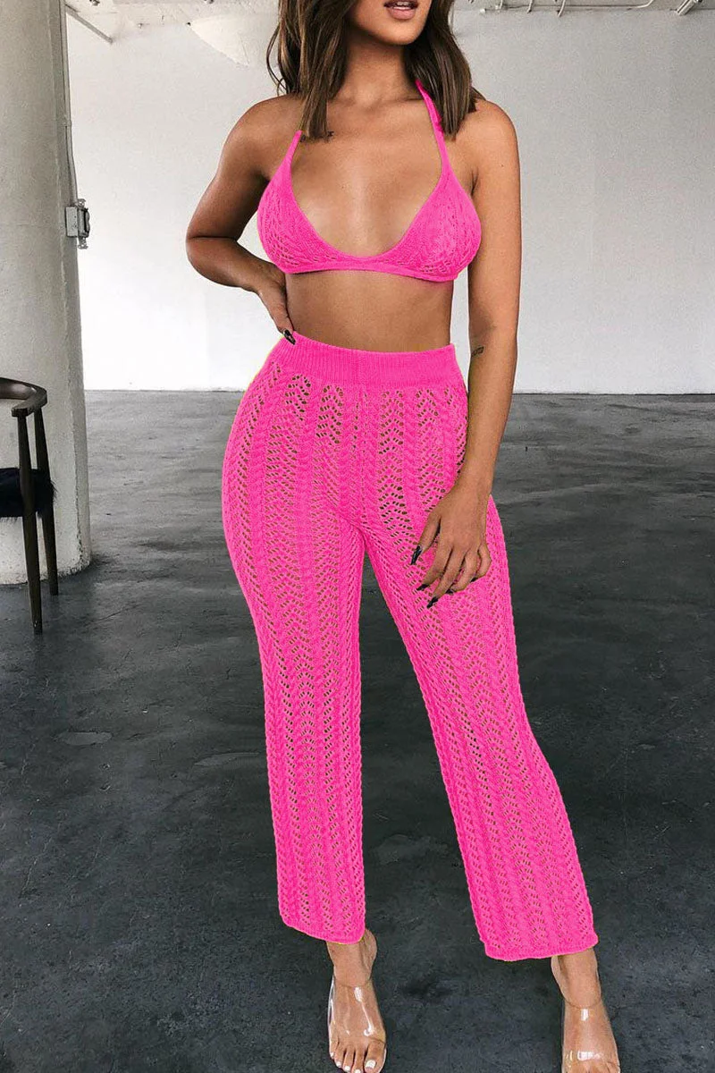 Sexy Solid Hollowed Out Split Joint Halter Sleeveless Two Pieces