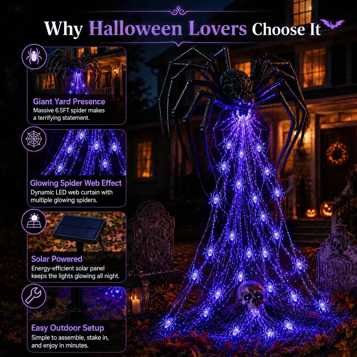 Halloween spider light feature overview showing 6.5 foot presence, glowing web effect, solar power and outdoor setup