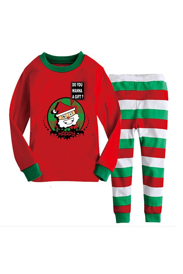 Crew Neck Long Sleeve Santa Print Stripe Leggings Kids Christmas Pajama-elleschic