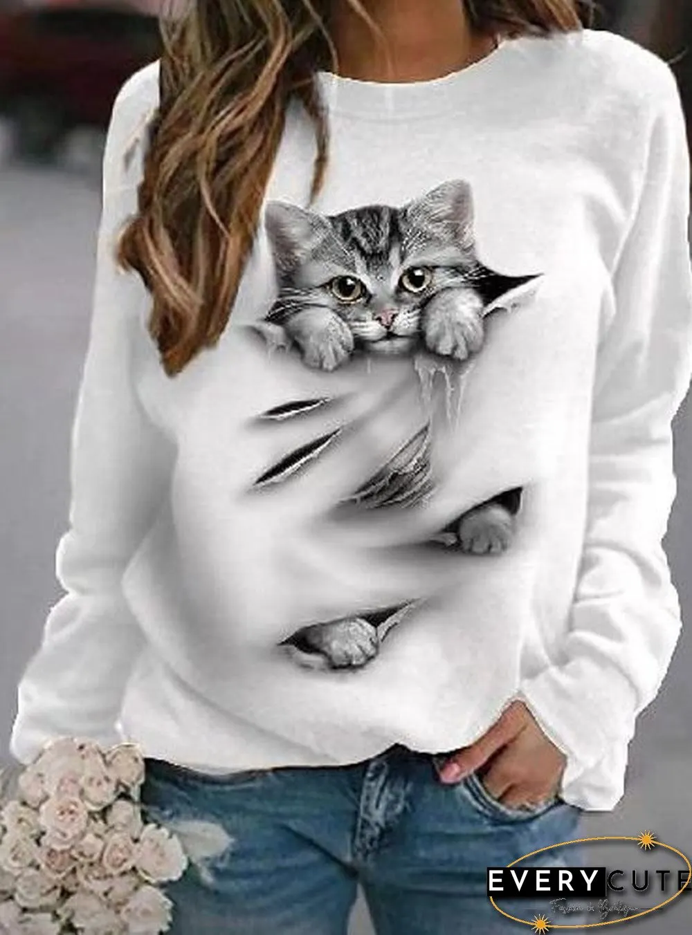Casual Animal White Sweatshirts
