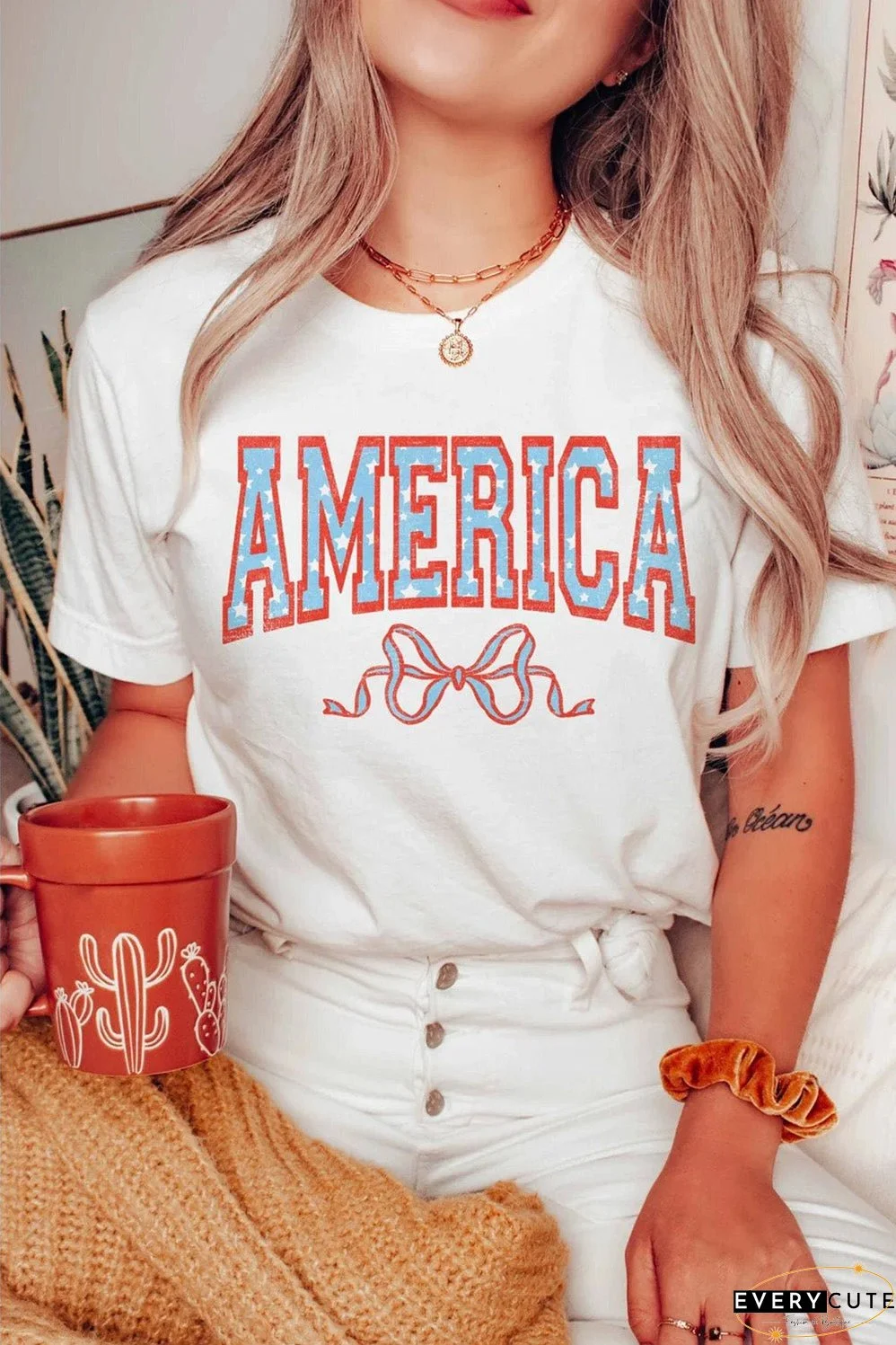 White AMERICA Bow Knot Print Crew Neck Casual Tee