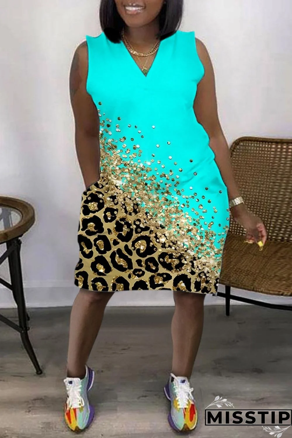 Cyan Casual Print Basic V Neck Sleeveless Dress Dresses