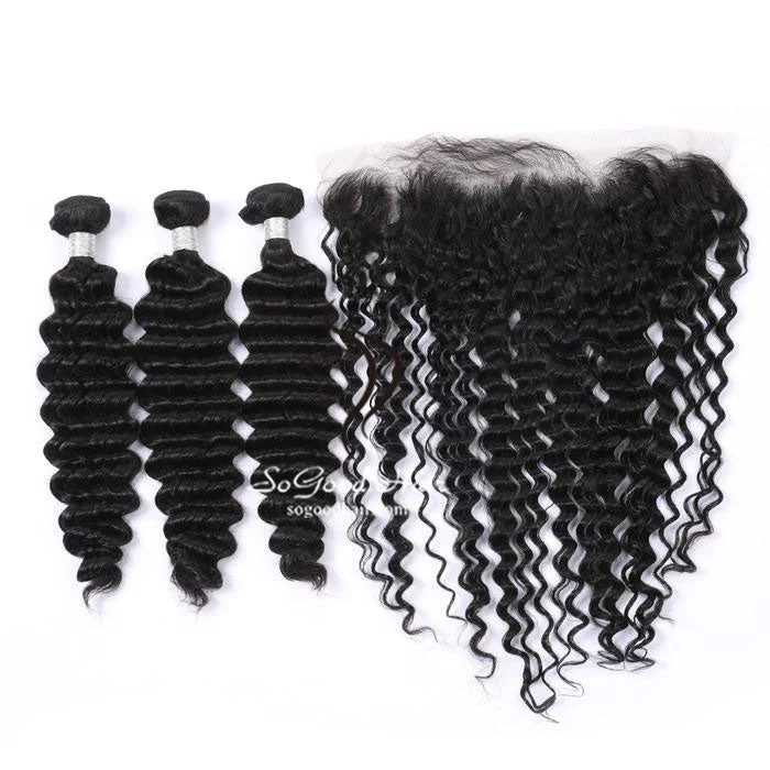 3 Bundles Deep Wave With 13x4 Lace Frontal 12A+ Virgin Human Hair
