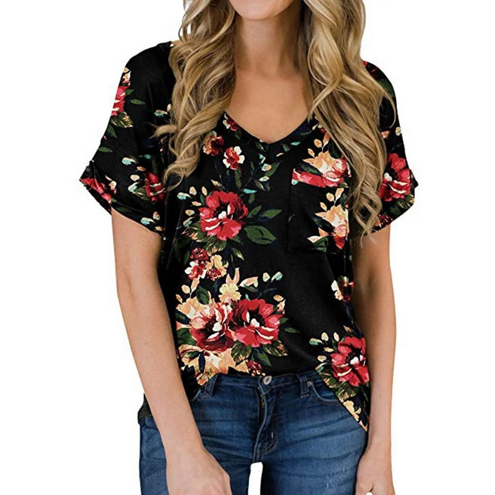 New Y2K Summer Women's Floral Print Tops V-Neck T Shirts Short Sleeve Tees Casual Loose FemaleT-Shirt Streetwear Clothing D30