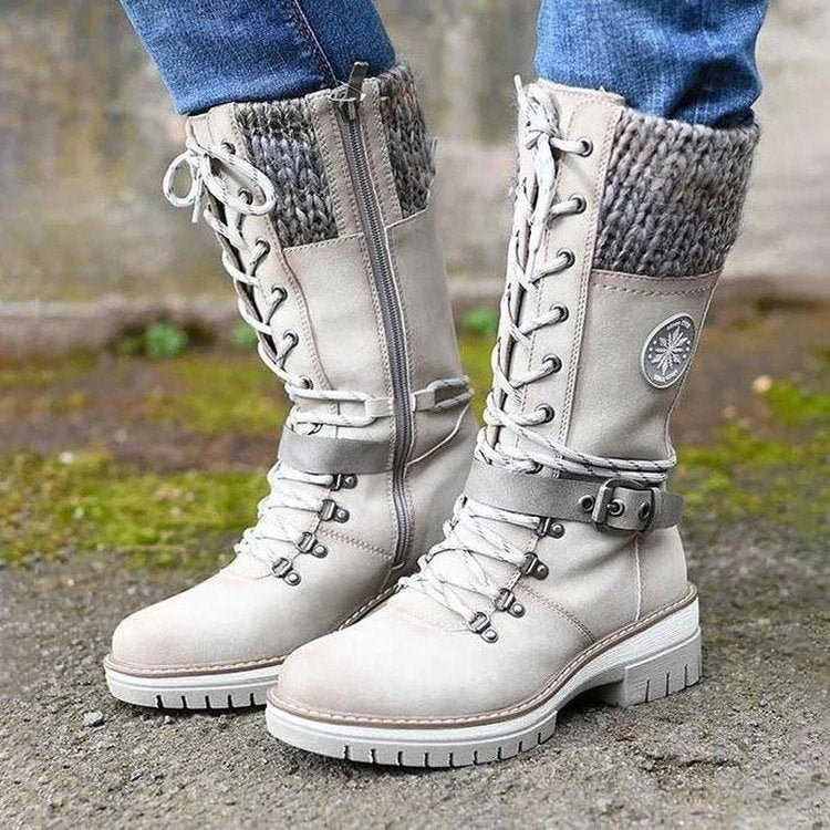 Retro Casual Stitching Zipper Lace-up Combat Boots