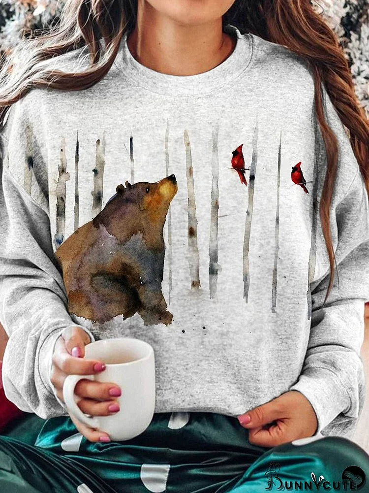 Women's Winter Bear Red Bird Print Round Neck Sweatshirt